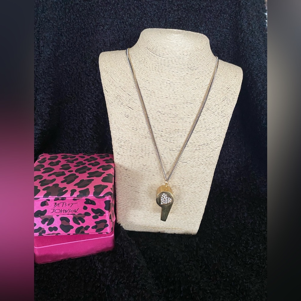 BETSEY JOHNSON Gold Whistle Rhinestone Heart Signature Multi Strand NECKLACE